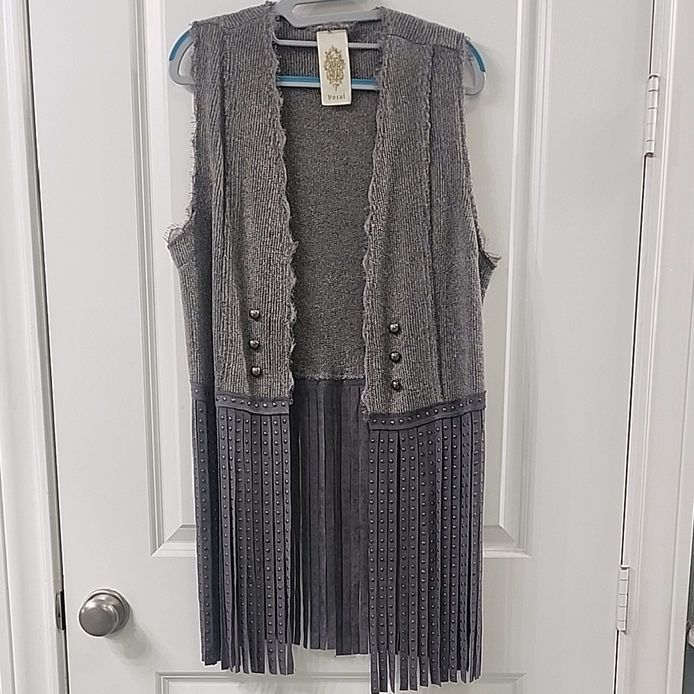 Vocal Gray Knit Vest with Fringe